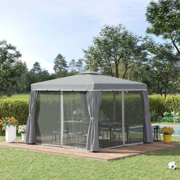 Zahradní altán Outsunny 2,96 x 2,96 m s dvoustupňovou střechou a 4 bočními panely, sítě proti komárům, weatherproof hliník, polyester, tmavě šedý | Ao