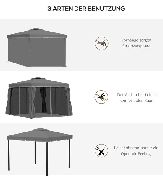 Zahradní altán Outsunny 2,96 x 2,96 m s dvoustupňovou střechou a 4 bočními panely, sítě proti komárům, weatherproof hliník, polyester, tmavě šedý | Ao