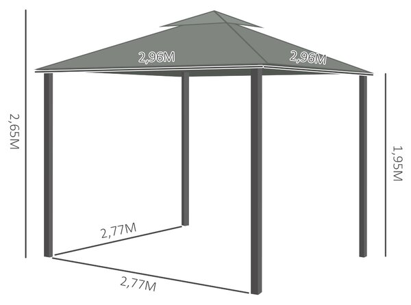 Zahradní altán Outsunny 2,96 x 2,96 m s dvoustupňovou střechou a 4 bočními panely, sítě proti komárům, weatherproof hliník, polyester, tmavě šedý | Ao