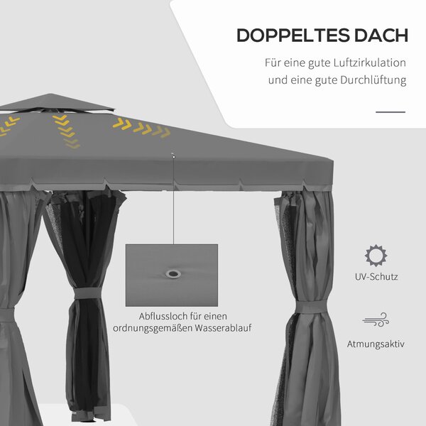 Zahradní altán Outsunny 2,96 x 2,96 m s dvoustupňovou střechou a 4 bočními panely, sítě proti komárům, weatherproof hliník, polyester, tmavě šedý | Ao