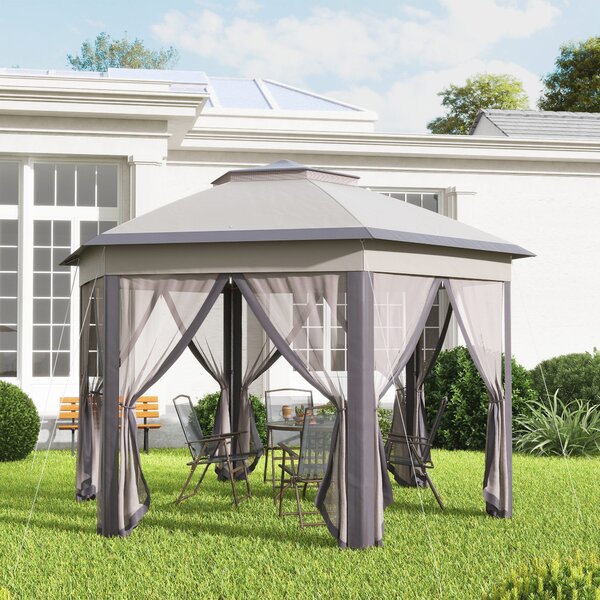 Outsunny Pavilon 4x4m Voděodolný Skládací Pavilon v Hexagonálním Designu, Dvojitá Střecha, Zahradní Pavilon se 6 Bočními Panely, Party Stan včetně Pře