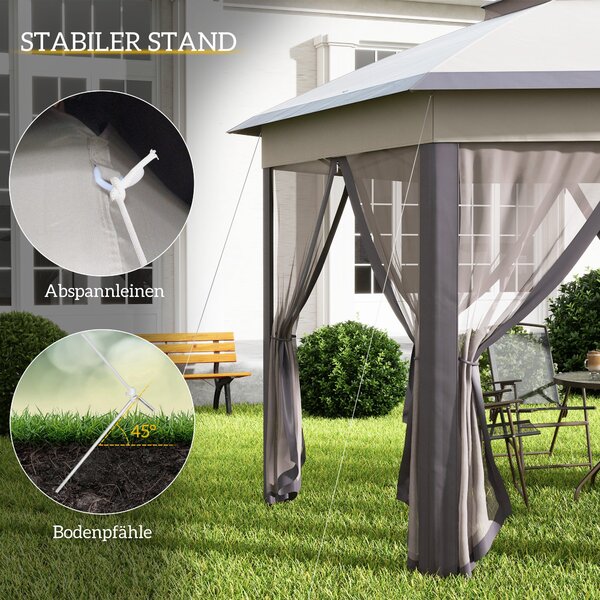 Outsunny Pavilon 4x4m Voděodolný Skládací Pavilon v Hexagonálním Designu, Dvojitá Střecha, Zahradní Pavilon se 6 Bočními Panely, Party Stan včetně Pře