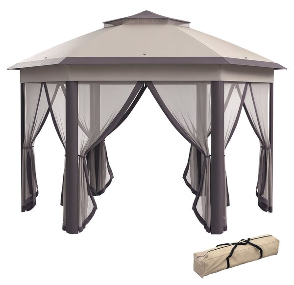 Outsunny Pavilon 4x4m Voděodolný Skládací Pavilon v Hexagonálním Designu, Dvojitá Střecha, Zahradní Pavilon se 6 Bočními Panely, Party Stan včetně Pře