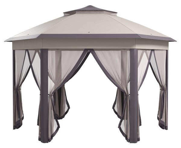 Outsunny Pavilon 4x4m Voděodolný Skládací Pavilon v Hexagonálním Designu, Dvojitá Střecha, Zahradní Pavilon se 6 Bočními Panely, Party Stan včetně Pře