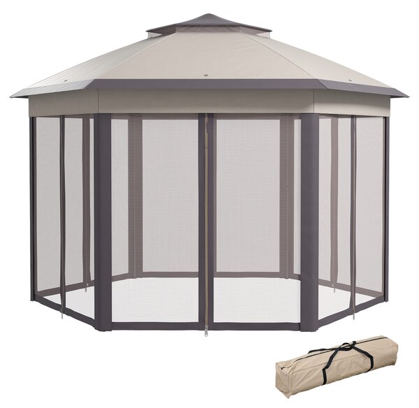 Outsunny Pavilon 4x4m Voděodolný Skládací Pavilon v Hexagonálním Designu, Dvojitá Střecha, Zahradní Pavilon se 6 Bočními Panely, Party Stan včetně Pře