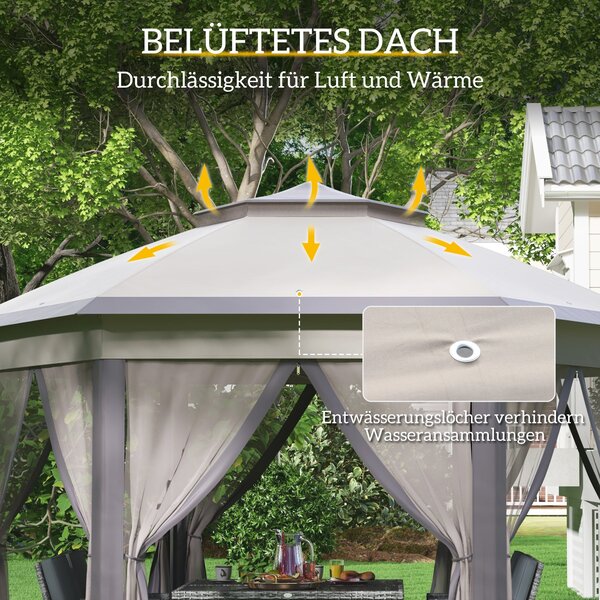 Outsunny Pavilon 4x4m Voděodolný Skládací Pavilon v Hexagonálním Designu, Dvojitá Střecha, Zahradní Pavilon se 6 Bočními Panely, Party Stan včetně Pře