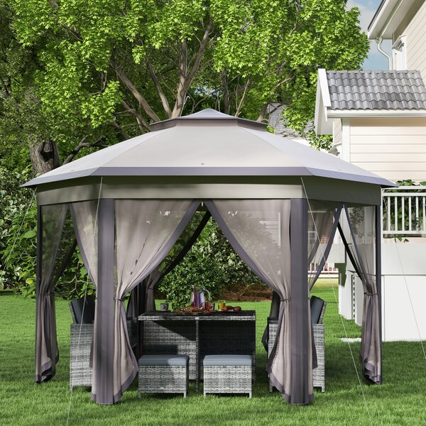 Outsunny Pavilon 4x4m Voděodolný Skládací Pavilon v Hexagonálním Designu, Dvojitá Střecha, Zahradní Pavilon se 6 Bočními Panely, Party Stan včetně Pře
