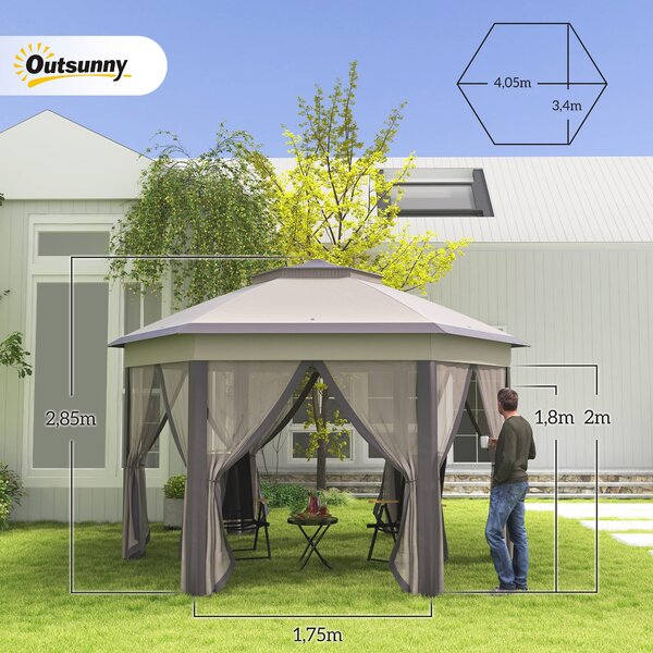 Outsunny Pavilon 4x4m Voděodolný Skládací Pavilon v Hexagonálním Designu, Dvojitá Střecha, Zahradní Pavilon se 6 Bočními Panely, Party Stan včetně Pře