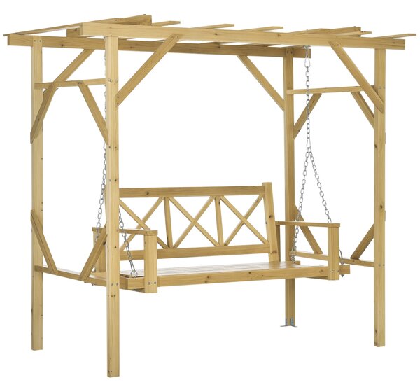 Outsunny Hollywoodská houpačka s pergolou, 2-místná zahradní houpačka, odolná bench pro zahradu, balkon, masivní dřevo, přírodní, 221 x 140 x 196 cm |