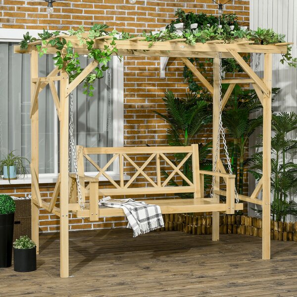 Outsunny Hollywoodská houpačka s pergolou, 2-místná zahradní houpačka, odolná bench pro zahradu, balkon, masivní dřevo, přírodní, 221 x 140 x 196 cm |