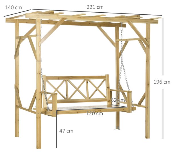 Outsunny Hollywoodská houpačka s pergolou, 2-místná zahradní houpačka, odolná bench pro zahradu, balkon, masivní dřevo, přírodní, 221 x 140 x 196 cm |