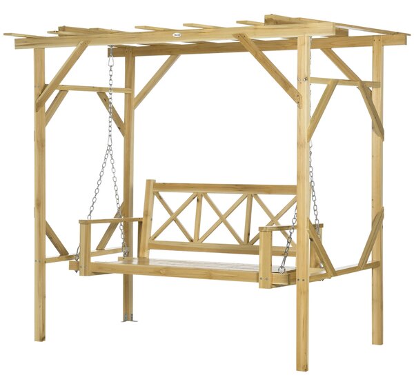 Outsunny Hollywoodská houpačka s pergolou, 2-místná zahradní houpačka, odolná bench pro zahradu, balkon, masivní dřevo, přírodní, 221 x 140 x 196 cm |