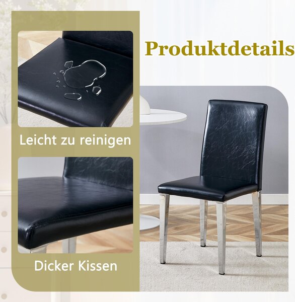 Sada 6 jídelních židlí, minimalistický design, materiál: polyuretan (PU), kovové nohy (černá + stříbrná)