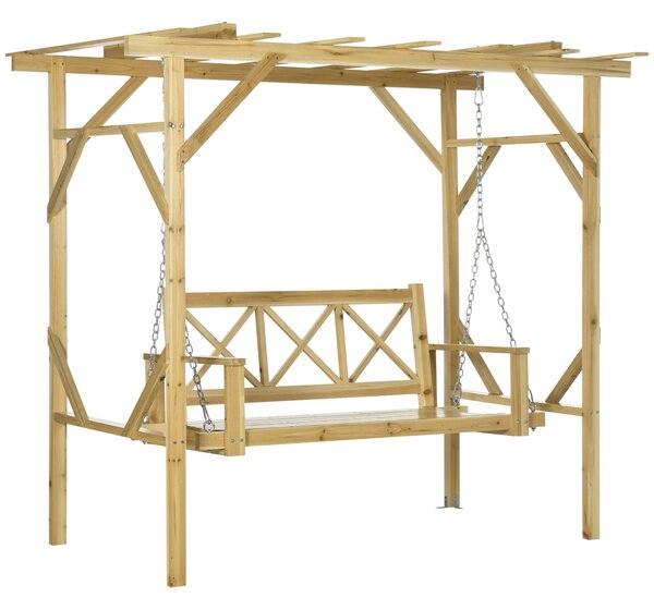 Outsunny Hollywoodská houpačka s pergolou, 2-místná zahradní houpačka, odolná bench pro zahradu, balkon, masivní dřevo, přírodní, 221 x 140 x 196 cm |