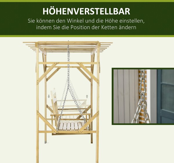 Outsunny Hollywoodská houpačka s pergolou, 2-místná zahradní houpačka, odolná bench pro zahradu, balkon, masivní dřevo, přírodní, 221 x 140 x 196 cm |