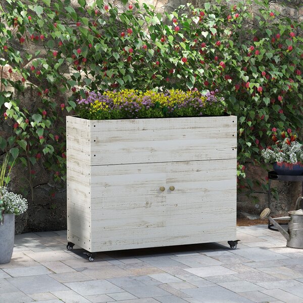 Dřevěný vyvýšený záhon Outsunny s ukládacím prostorem a kolečky, květinový box s fleecem pro zahradu a balkón, 110 x 50 x 95 cm, Bílý | Aosom
