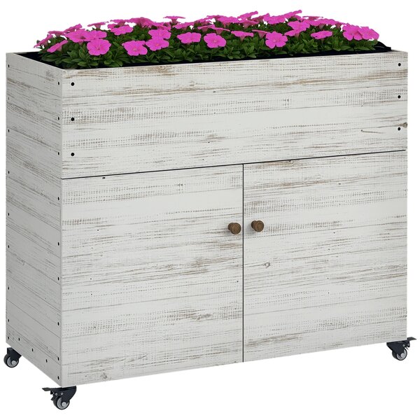 Dřevěný vyvýšený záhon Outsunny s ukládacím prostorem a kolečky, květinový box s fleecem pro zahradu a balkón, 110 x 50 x 95 cm, Bílý | Aosom