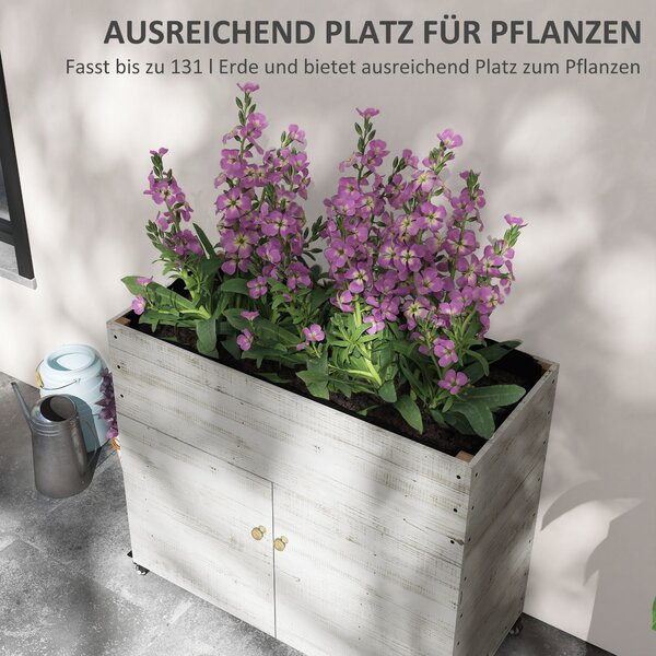 Dřevěný vyvýšený záhon Outsunny s ukládacím prostorem a kolečky, květinový box s fleecem pro zahradu a balkón, 110 x 50 x 95 cm, Bílý | Aosom