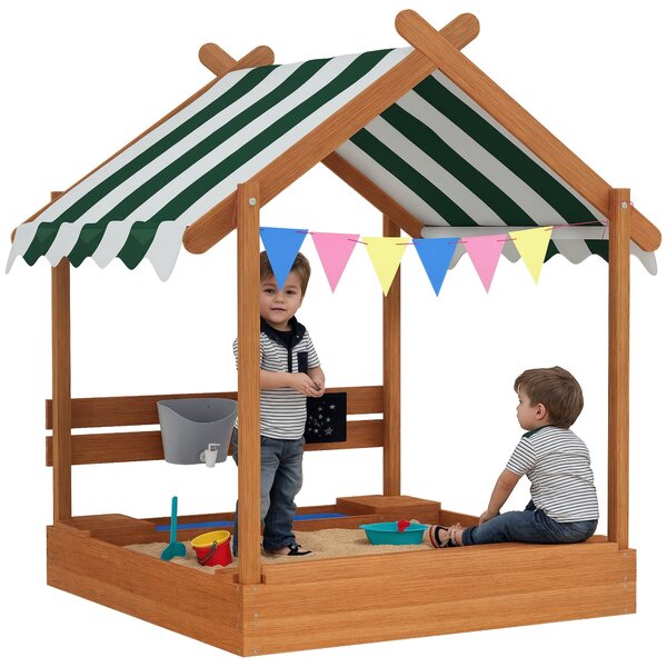 Pískoviště Outsunny s Krytem, Dřevěné Pískoviště s Sedací Zónou, Hrací Domeček, 124 x 116 x 146 cm Pískoviště s Tabulí pro Děti ve Věku 3-7 Let, Zahra