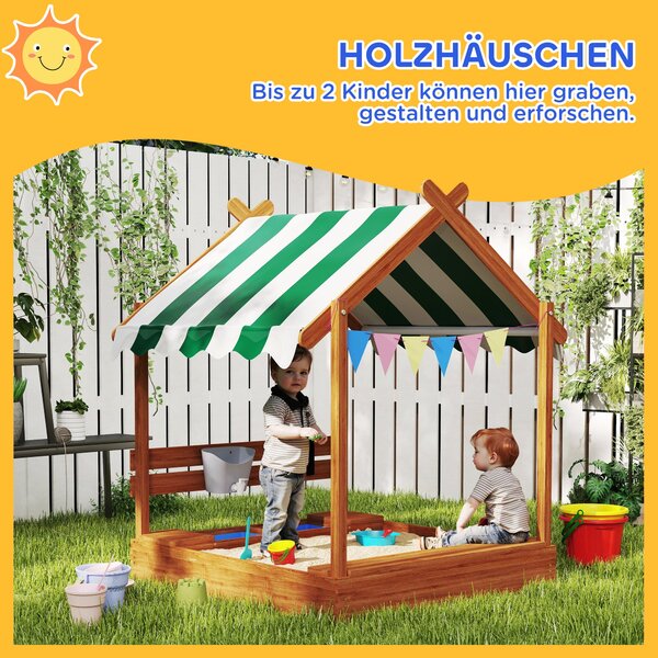 Pískoviště Outsunny s Krytem, Dřevěné Pískoviště s Sedací Zónou, Hrací Domeček, 124 x 116 x 146 cm Pískoviště s Tabulí pro Děti ve Věku 3-7 Let, Zahra