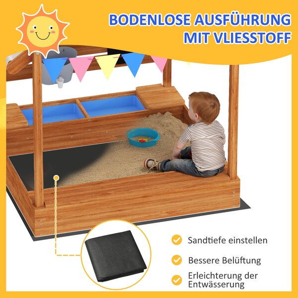 Pískoviště Outsunny s Krytem, Dřevěné Pískoviště s Sedací Zónou, Hrací Domeček, 124 x 116 x 146 cm Pískoviště s Tabulí pro Děti ve Věku 3-7 Let, Zahra