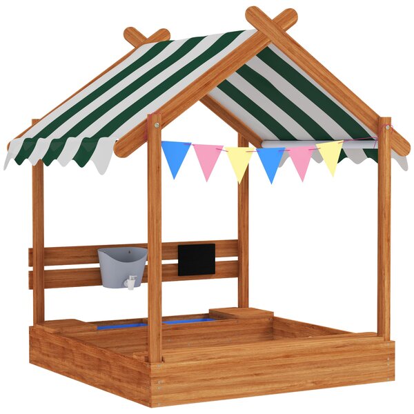 Pískoviště Outsunny s Krytem, Dřevěné Pískoviště s Sedací Zónou, Hrací Domeček, 124 x 116 x 146 cm Pískoviště s Tabulí pro Děti ve Věku 3-7 Let, Zahra