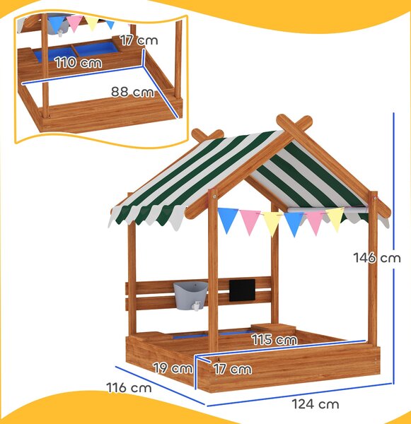 Pískoviště Outsunny s Krytem, Dřevěné Pískoviště s Sedací Zónou, Hrací Domeček, 124 x 116 x 146 cm Pískoviště s Tabulí pro Děti ve Věku 3-7 Let, Zahra