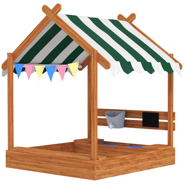 Pískoviště Outsunny s Krytem, Dřevěné Pískoviště s Sedací Zónou, Hrací Domeček, 124 x 116 x 146 cm Pískoviště s Tabulí pro Děti ve Věku 3-7 Let, Zahra