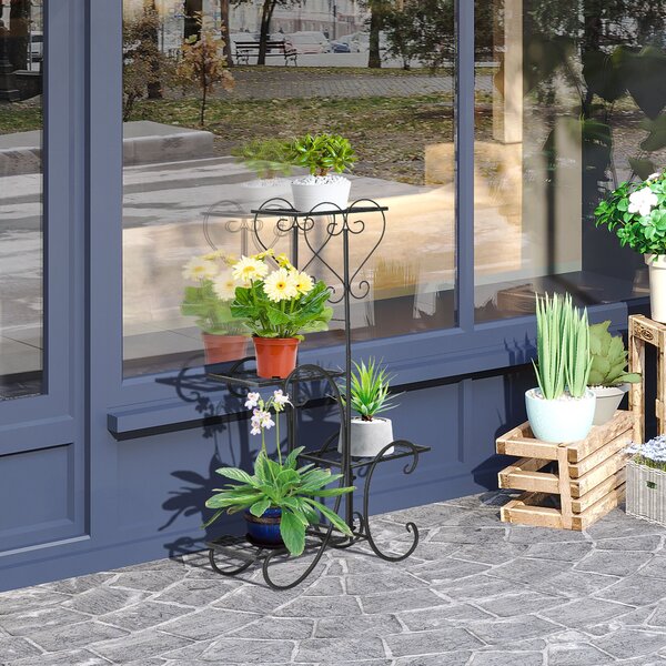 Outsunny Metalový Stojan na Květiny 4 Úrovně - Stojan pro Květiny na Balkon a do Zahrady, Černý 45 x 24,5 x 80 cm | Aosom