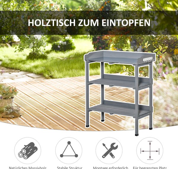 Outsunny Stůl na Sazenice - Zahradní Stůl s Kovovým Plošinou, Dřevěný Stůl Šedý 76 x 37 x 89 cm | Aosom