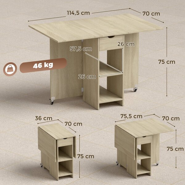 HOMCOM skládací jídelní stůl s šuplíkem a 2 policemi, 2–4 osoby, přírodní dřevo, 114,5 × 70 × 75 cm | Aosom