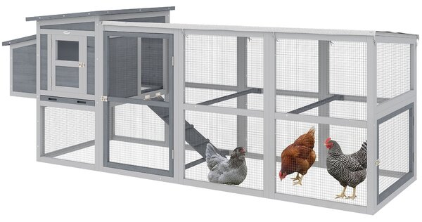 PawHut dřevěný kurník s výběhem pro 3–4 nosnice, 264 x 82 x 89 cm — asfaltová střecha, potah z Oxford tkaniny, hnízdní box, bidýlka, výsuvný podnos —