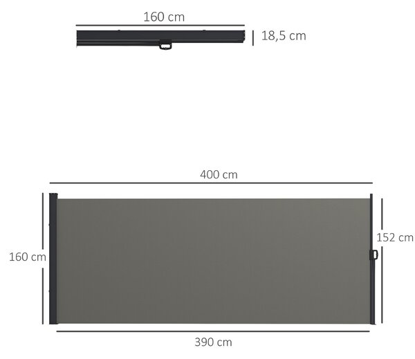 Outsunny Boční Retrakční Ochranná Záclona Privátní Paravent Zahrada 4m x 1,60m Alu. Polyester UV-odolný Tmavě Šedý | Aosom