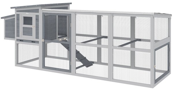 PawHut dřevěný kurník s výběhem pro 3–4 nosnice, 264 x 82 x 89 cm — asfaltová střecha, potah z Oxford tkaniny, hnízdní box, bidýlka, výsuvný podnos —