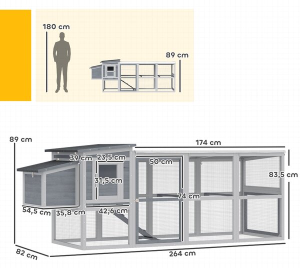 PawHut dřevěný kurník s výběhem pro 3–4 nosnice, 264 x 82 x 89 cm — asfaltová střecha, potah z Oxford tkaniny, hnízdní box, bidýlka, výsuvný podnos —
