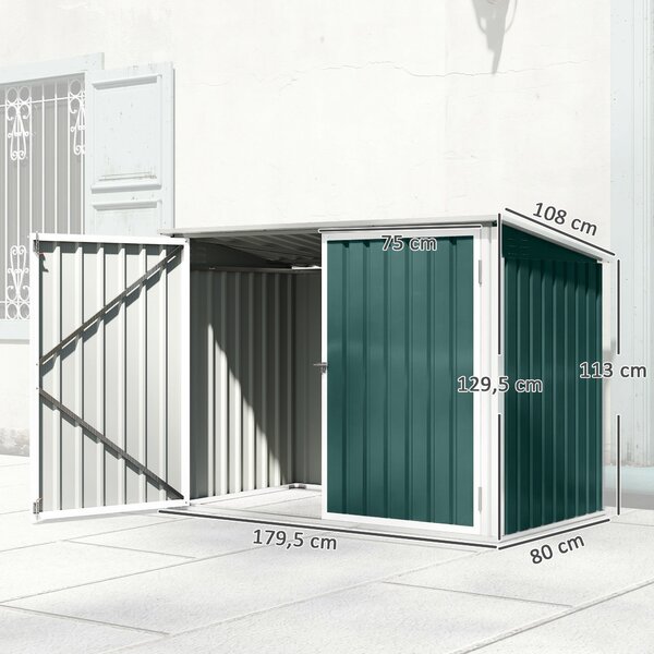 Outsunny zamykatelný úložný box na 2 popelnice – dvojité dveře, víko s plynovými vzpěrami, větraný, zelený (179,5 x 108 x 129,5/113 cm) | Aosom