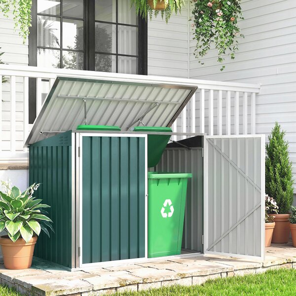 Outsunny zamykatelný úložný box na 2 popelnice – dvojité dveře, víko s plynovými vzpěrami, větraný, zelený (179,5 x 108 x 129,5/113 cm) | Aosom