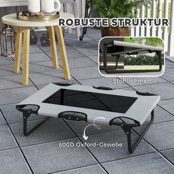 PawHut Vyvýšená Skládací Postel pro Psy - Outdoor Běžecká Postel s Prodyšným Síťovým Designem pro Malé a Střední Psy, Světle Šedá Oxford 75 x 51 x 18