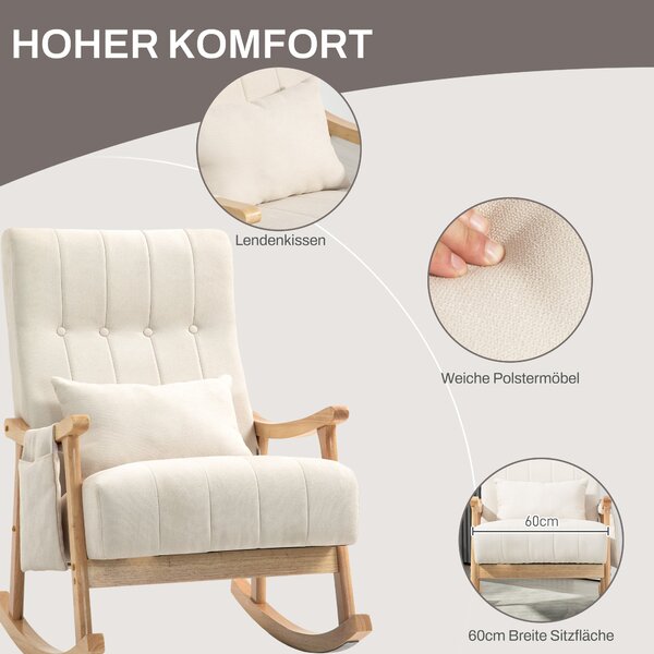 HOMCOM Houpací Křeslo s Opěrkou Hlava a Bederním Polštářem, Dřevěnými Běžci, Relaxační Křeslo s Lněným Vzhledem | Aosom