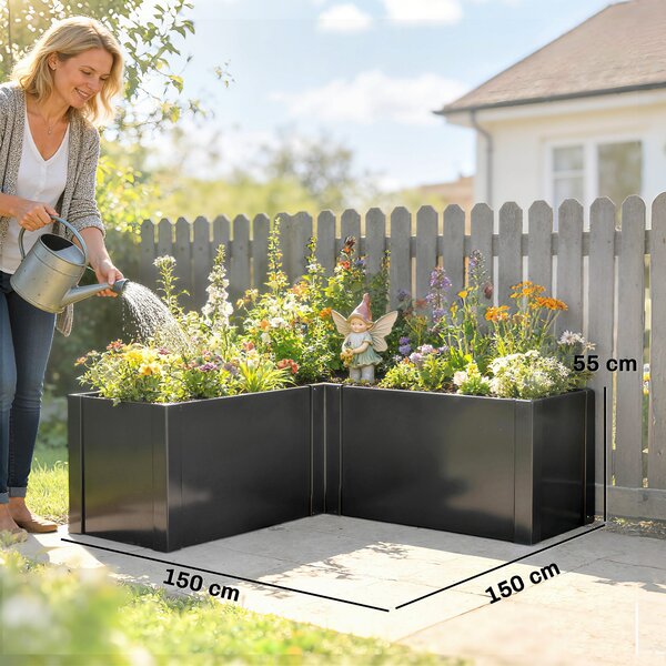 Outsunny L‑tvarovaný vyvýšený záhon z pozinkované oceli – odolný rohový květináč pro terasu a zahradu, 150 × 150 × 55 cm | Aosom