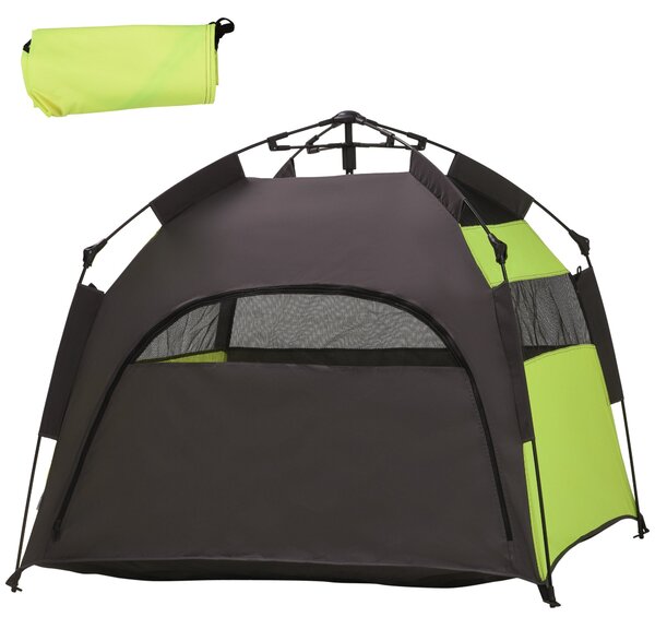 PawHut Psí Stan, Stan pro Kočky na Ven, Psí Dům s Síťovým Okénkem, Psí Teepee Stan s Taškou na Přenášení, Slunečník do Zahrady, Obýváku, Zelená + Tmav