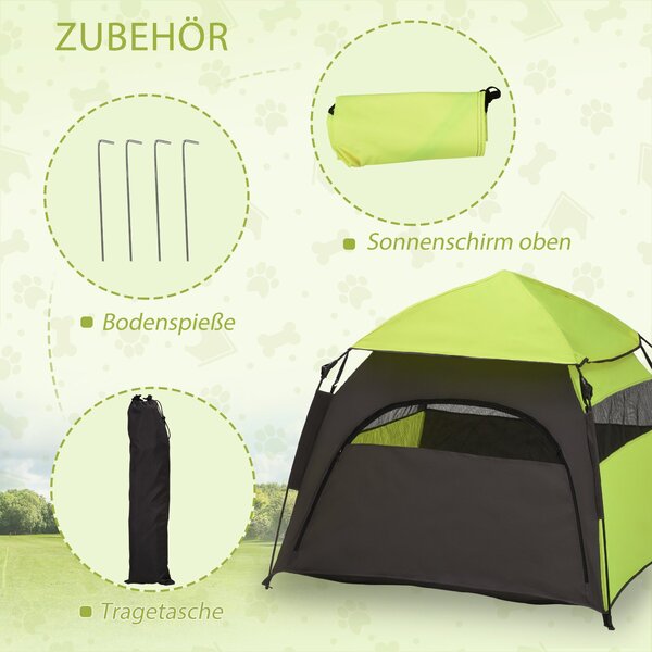 PawHut Psí Stan, Stan pro Kočky na Ven, Psí Dům s Síťovým Okénkem, Psí Teepee Stan s Taškou na Přenášení, Slunečník do Zahrady, Obýváku, Zelená + Tmav