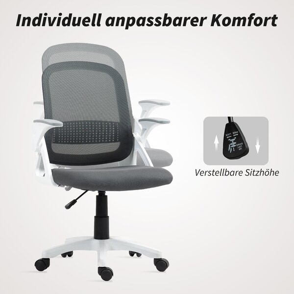 HOMCOM ergonomická síťovaná kancelářská židle se sklápěcími područkami, bederní podporou, výškově nastavitelná otočná židle s náklonem, šedá | Aosom