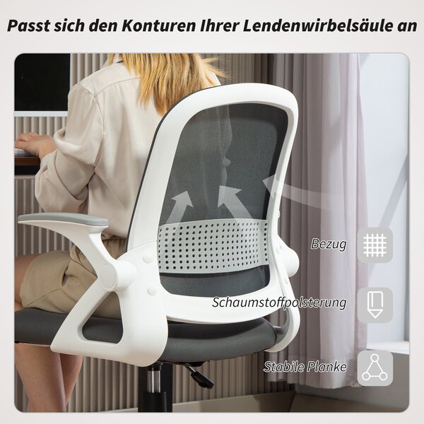 HOMCOM ergonomická síťovaná kancelářská židle se sklápěcími područkami, bederní podporou, výškově nastavitelná otočná židle s náklonem, šedá | Aosom