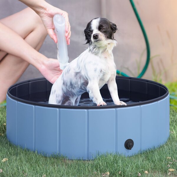PawHut Skládací Koupelna pro Psy a Kočky - Psí Bazén, Splash Bazén, Vodní Bazén Plast+Dřevo Modrá Ø100 x V30 cm | Aosom