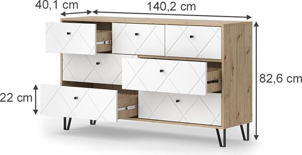 Kredenc Vicco Nizza Řemeslný dub 140.2 x 82.6 cm se 7 zásuvkami, Model 57500