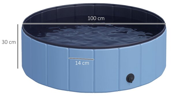PawHut Skládací Koupelna pro Psy a Kočky - Psí Bazén, Splash Bazén, Vodní Bazén Plast+Dřevo Modrá Ø100 x V30 cm | Aosom