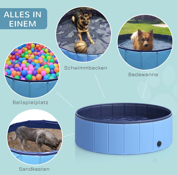 PawHut Skládací Koupelna pro Psy a Kočky - Psí Bazén, Splash Bazén, Vodní Bazén Plast+Dřevo Modrá Ø100 x V30 cm | Aosom