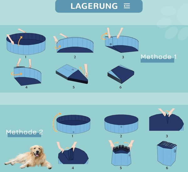 PawHut Skládací Koupelna pro Psy a Kočky - Psí Bazén, Splash Bazén, Vodní Bazén Plast+Dřevo Modrá Ø100 x V30 cm | Aosom