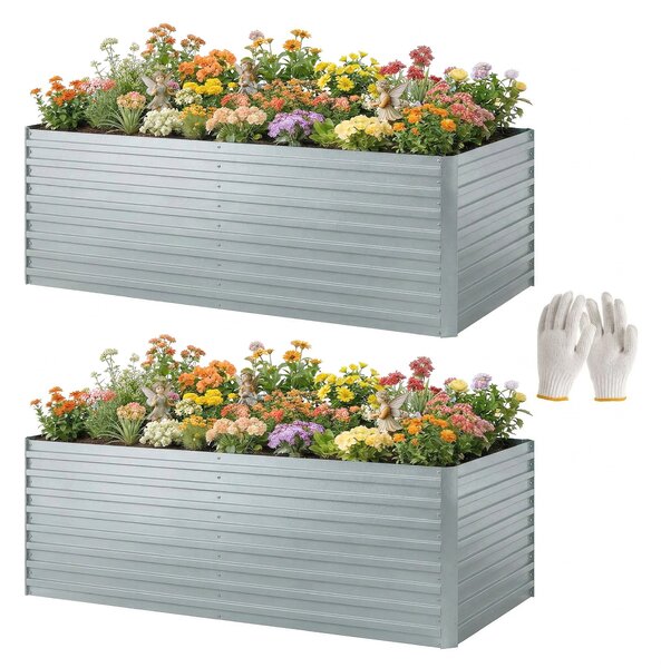 Outsunny pozinkovaný vyvýšený záhon 2 ks 180 × 90 × 60 cm — obdélníkové hluboké truhlíky s podpěrnými tyčemi, otevřené dno, rukavice, sada pro zelenin